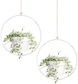 Mkouo Boho Hanging Planter, Set of 2 Round Metal Plant Hanger with Plastic Plant Pot, Modern Wall and Ceiling Planter Mid Century Flower Pot Holder, Fits 15cm Planter, White (Pots Included)