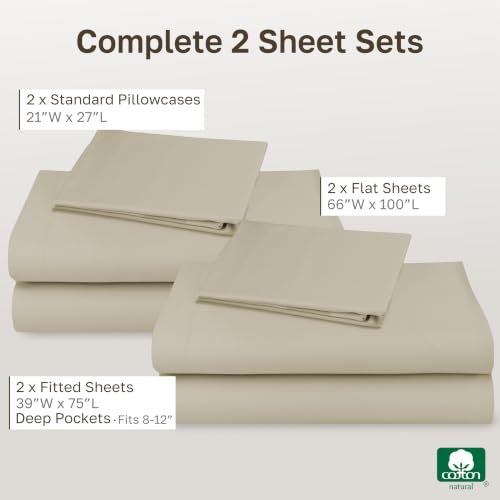 Image of California Design Den 100% Cotton Pack of 2 Twin Size Bed Sheets, Soft & Durable Twin Bed Sheets Set with 12 inch Pockets, Twin Sheet Set with Sateen Sheets - Beige (Warm Taupe)