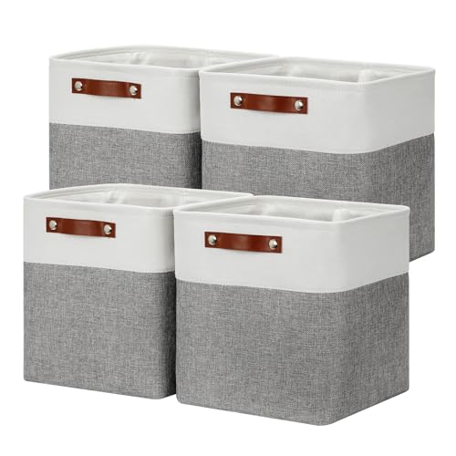 DULLEMELO [Set of 4 Storage Cubes Baskets for Organizing, 12 x 12 x 12 inch Cube Storage Organizer Bins with Leather Handles, Foldable Fabric Cloth Bins for Cube Storage(4 Pack - 12' White&Grey)