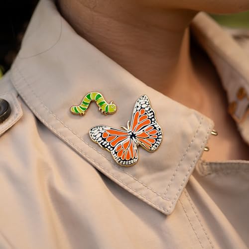 Image of Butterfly & Caterpillar Enamel 2 Piece Pin Gift Set - Cute Nature-Themed Pins for Jackets, Bags, and Accessories - Colorful Collector Pins & Botanical Gift Ideas