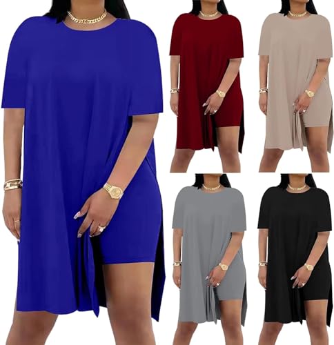 Image of AXOSY Women Plus Size 2 Piece Outfits | Short Sleeve Tunic Tops, Skinny Biker Shorts, Comfortable Tracksuits, Soft Summer Sets, Breathable Material