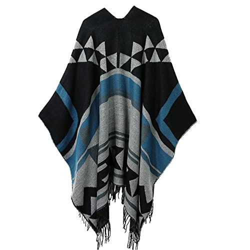 Mingzhe Poncho Xale Feminino de Tricô Faux Cashmere Padrão Geométrico Borla Capa Longa Boêmia Longa