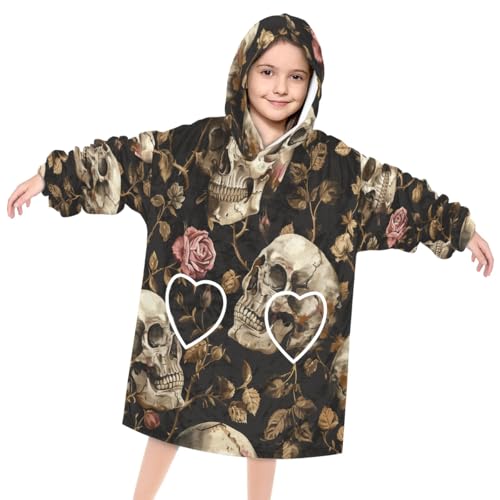 Wearable Blanket Hoodie for Kids, Skull Head (28) Fleece Sweatshirt Blanket Oversized Blanket Sweatshirt with Pocket Flannel Warm Hooded Blanket 6-10 Year Old Girl Boy Gift, One Size