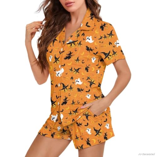 Image of Renewold Women's Short Sleeve Pajama Set Button Down Sleepwear with Notch Collar Soft Lounge Top and Shorts with Pockets