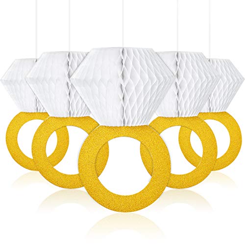 WILLBOND 6 Pieces Honeycomb Engagement Ring Hanging Decorations Bridal Shower Supplies Diamond Ring Hanging Honeycomb Paper Flowers for Wedding Party Decorations