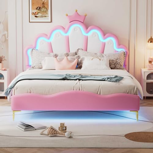 YEHTOKHOME Lit Rembourré 140x200cm avec lumières LED réglables et Tête réglable en Hauteur,Moderne lit de Princesse avec moulure en Couronne,PU(sans...