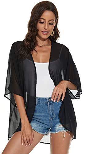 Women Summer Tops Kimono Cardigans Sheer Beach Cover Ups Chiffon Open Front Shirts （Black,M #TOP3