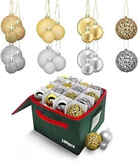 Kraft & Co 100pcs Christmas Baubles with Portable Carry Case, Silver & Gold Xmas Bauble Ornaments, Various Sizes and Styles Christmas Tree Decorations Set, Xmas Decorations with Storage Box