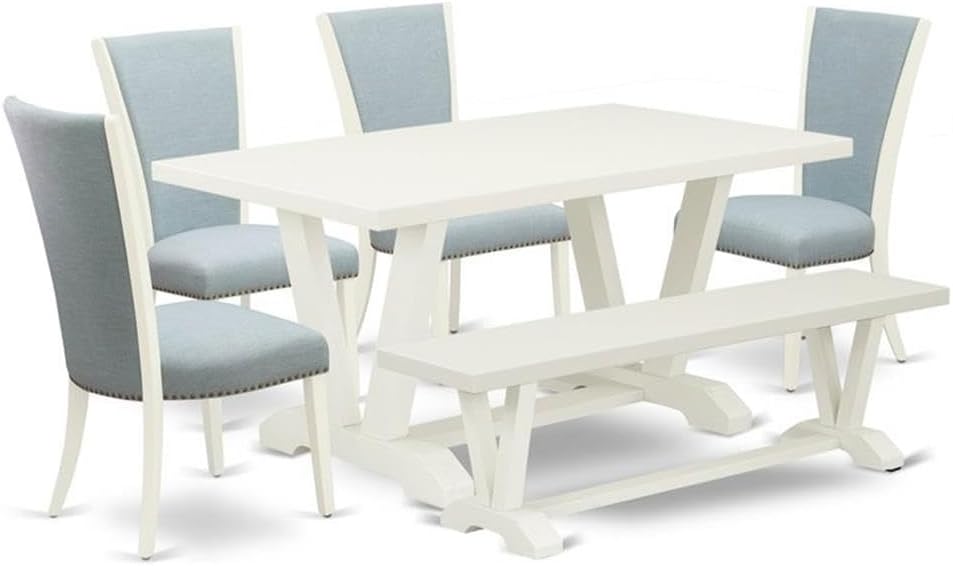 East West Furniture V026VE215-6 6 Piece Dining Set Contains a Rectangle Dining Room Table with V-Legs and 4 Baby Blue Linen Fabric Parson Chairs with a Bench, 36x60 Inch, Multi-Color