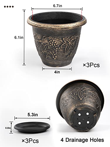 Madholly Plant Pots With Drainage Holes & Saucers- Lightweight Resin Flower Pots- Retro Decorative Resin Planters For Indoor Outdoor Garden Flowers Plants (3 Pack) #TOP6