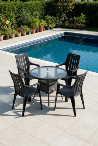 Ahlatech Heavy Duty Plastic Outdoor Chair – Stackable Garden Chair with Armrest – Weather Resistant Patio Chair for Garden, Balcony, Lawn, Beach & Commercial Use – Black (1)