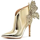 FINDVELL Gold Ankle Boots Back Butterfly Sexy Pointed Toe Stiletto Booties Sparkly High Heels Dress Shoes for Women Size 6.5