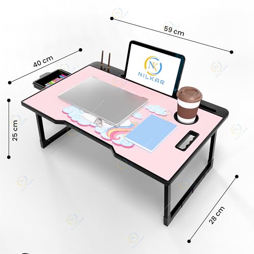 Image of Foldable Wooden Mini Laptop Table for Bed, Study Table with Drawer, Tablet /Mobile Holder for Kids & Adults (STD UK)