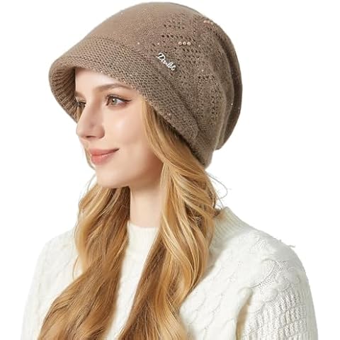 MIFULGOO Slouchy Crochet Pearl Beanie Cap Brim Bill Visor Winter Slouch Baggy Hats Women (Dark-Khaki) Cover
