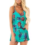 RAISEVERN Womens Rompers for Summer Casual Tropical Green Pineapple Short Jumpsuits with Pockets Adjustable Spaghetti Straps Cami Hawaiian Beach Vacation Clothes