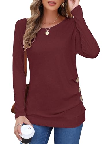 MOLERANI Womens Long Sleeve Tunic Tops Fall Shirts to Wear with Leggings 2025 - Breathable Crewneck Button Blouse for Yoga Workout,Wine Red,S