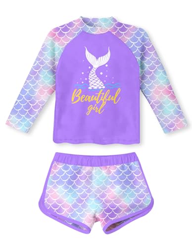 5 6 Years Old Girl's Long Sleeve Rash Guard Little Girl Mermaid Swimwear with Shorts 2 Pieces Swimsuit for Girls 5/6 Soft Sun Protection Rashguard Purple Bathing Suits for Kids Stretch Beach Suit