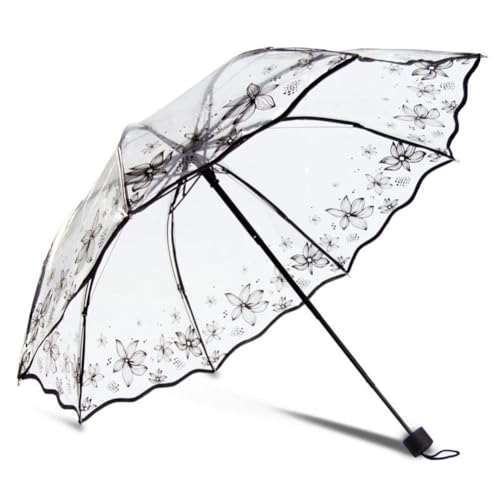 VINGAA Clear Umbrella,Clear Travel Umbrella,Clear Compact Umbrella,Wavy Edge Umbrella for Women,Three-fold Clear Umbrella,Perfect for Travel Carry