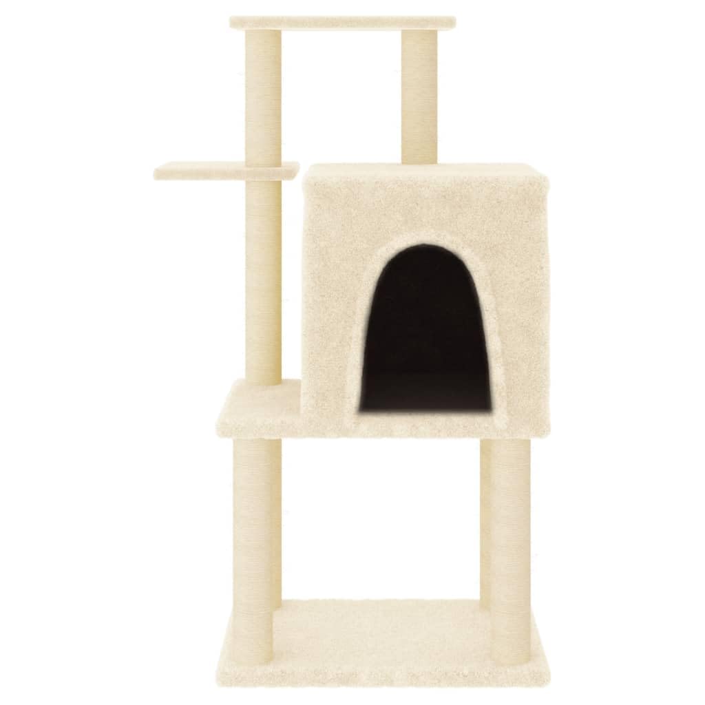 Kratzbaum mit Sisal-Kratzsäulen und Katzenhaus, 97 cm hoher Katzenbaum aus Holzwerkstoff und Plüsch, Kletterbaum für Katzen zum Klettern und Ausruhen, Creme