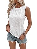 OYOANGLE Women's Boho Sleeveless Eyelet Tank Top Casual Round Neck Solid Blouse for Women White M