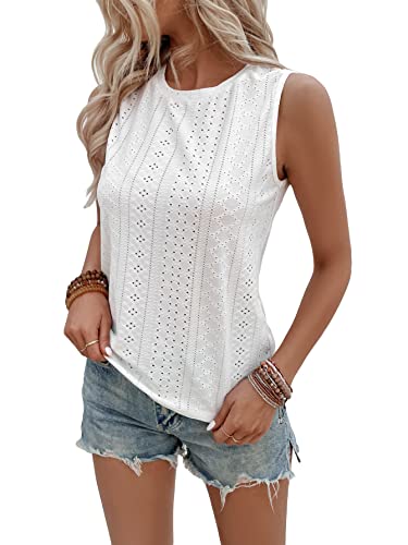 OYOANGLE Women's Boho Sleeveless Eyelet Tank Top Casual Round Neck Solid Blouse for Women White M