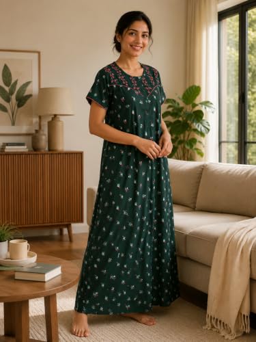 Image of 9shines Label Stylish Bamboo Cotton Nighty Maxi for Women | Full Length Trendy Nightgown | Premium Nightdress | Nightwear | Embroidery Nighty with Pocket (9666)