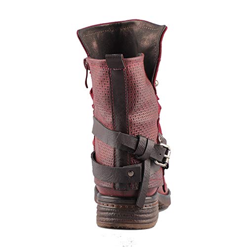 Lala Ikai Women Motorcycle Boots Ankle Combat Boots With Studded Low Block Heels Biker Shoes Red Wine #TOP5