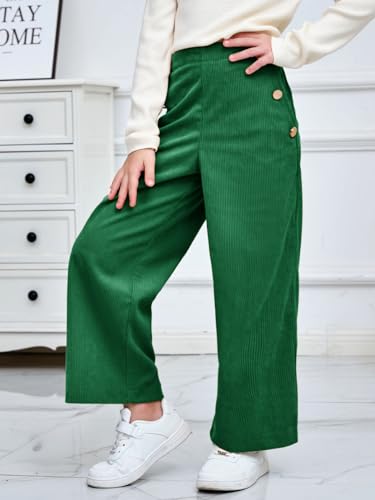 Image of Haloumoning Girls Wide Leg Corduroy Pants Kids Elastic Waist Gold Button Trousers with Pockets 5-14 Years
