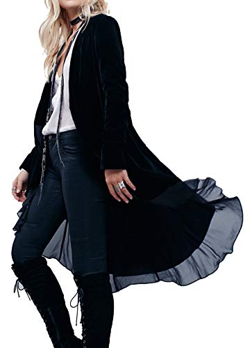 R.Vivimos Autunno Inverno Donne Velluto Ruffle Cappotto Casual Vintage Giacca Lunga Collarless Classico Swallowtail Hem Blazer(M,Nero)