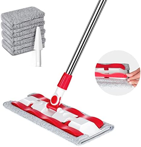 MASTERTOP Flat Floor Mop, Microfiber Dust Mop with 4 Washable Pads, Stainless Steel Adjustable Long Handle, Dry and Wet Mop for Home, Kitchen, Laminate, Tile, Hardwood Floor, 1 Cleaning Scraper