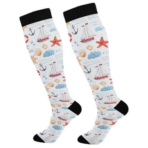 Wassud Vintage Sailboats Compression Socks for Women and Men 20-30 mmHg Knee High Socks for Nurses Travel Socks 2 Pair