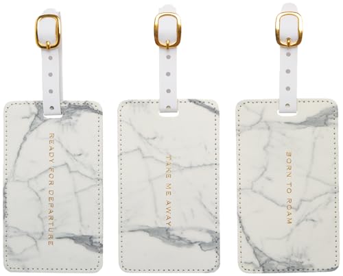 WORLD TRAVELER Luggage Tag Set - 3 Pack Baggage Tags Identifiers with ID Cards - Faux Leather Luggage Tags for Suitcases, Marble