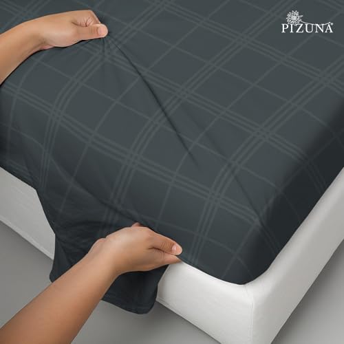 Image of Pizuna 100% Cotton Bedsheet Super King Size with 2 Pillow Covers, 300 Thread Count Long Staple Cotton, Checks Pattern Flat Bed Sheet 108X108 Inch for Superking Bed, Anthrazit-Grey