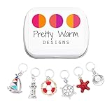 Nautical Treasure Stitch Markers for Knitting With Storage Case | Handmade in Canada by Pretty Warm Designs | Cute Metal Enamel Charm Knit Marker Set Ocean Boat Shell Lighthouse Seastar Gift for Knitter Stitch Counter Accessories Christmas Stocking Stuffer