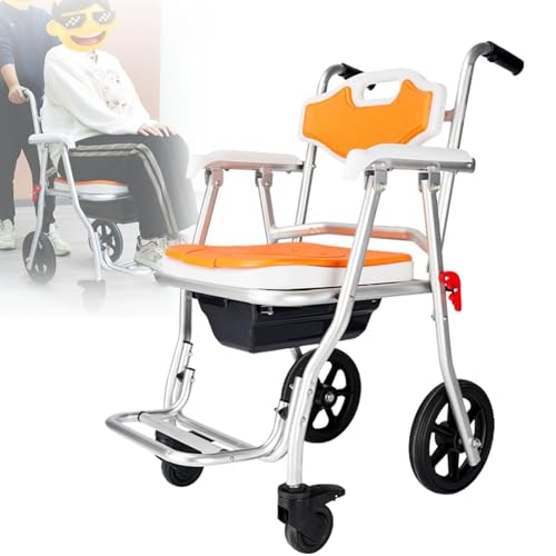 Sedia Da Doccia Pieghevole Con Rotelle,Sedia WC Con Rotelle Per Anziani,Sedia Da Toilette Mobile Con Freno E Vasino,Sgabello Bagno Doccia,Impermeabile E Antiscivolo,Carico 150 Kg