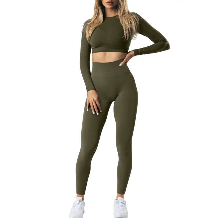 2 Piece Gym Sets for Women Long Sleeve Crop Top High Waist Jumpsuit Seamless Outfits Sets Yoga Active Clothes Sportswear Set