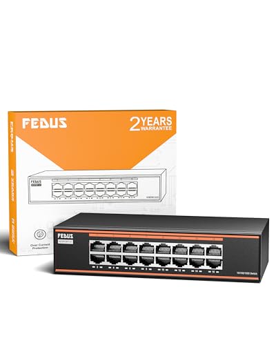 Image of FEDUS NextPort 16 Port Gigabit Ethernet Switch | 1000Mbps Metal Unmanaged Network Splitter Hub | Fanless, Plug & Play Desktop Splitter | 6KV Surge Protection for Home, Office, CCTV & Gaming, Internet