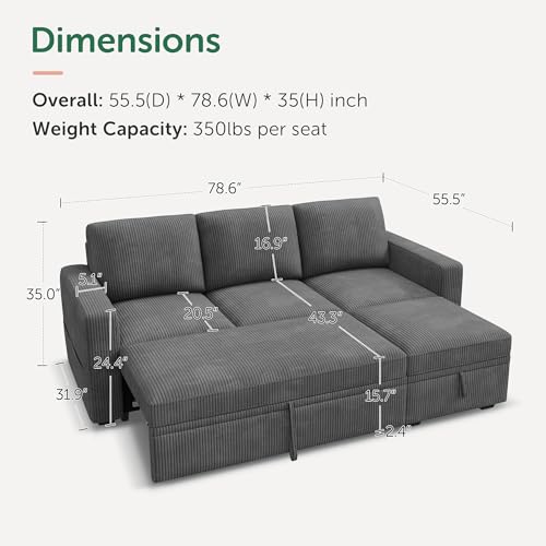 Image of HONBAY Modular Sectional Sleeper Sofa with Pull Out Bed, L Shaped Sofa with Storage, Modular Sectional Couches for Living Room, Dark Grey