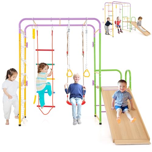 HOMASIS 8 in 1 Parco Giochi con Scivolo, Altalena, Parete per l'Arrampicata, Stanghe per Scimmie, Scala, Corda, Anelli da Ginnastica e Arrampicatore, Palestra in Metallo per Bambini dai 3+ Anni