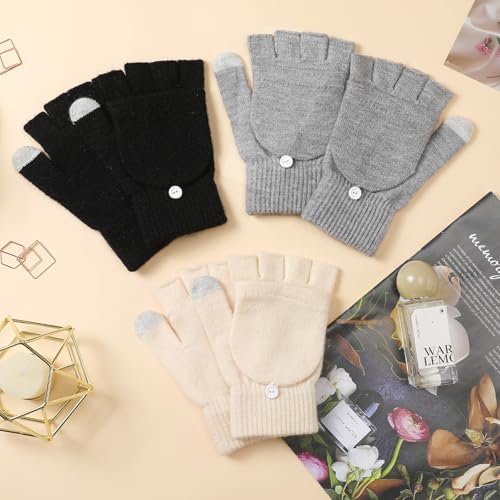 Premillow Winter Fingerless Gloves for Women, Warm Half Finger Knit Winter Gloves Women, Typing Womens Gloves Mittens with Flap Cover, 2 Pairs Convertible Womens Fingerless Gloves, Black, Grey
