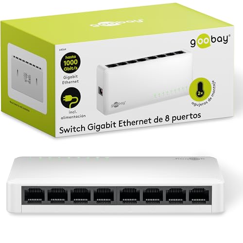 Goobay 64564 Conmutador de red Gigabit Ethernet de 8 puertos / Switch Ethernet LAN con máx. 1000 Mbit/s / Diseño sin ventilador / Conmutador Ethernet con plug & play / Distribuidor de datos optimizado