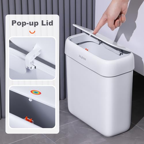 JOYBOS Bathroom Trash Can with Lid, 3 Gallon Small Garbage Can, 10L Dogproof Slim Plastic Narrow Trash Bin with Pop-up Lid for Toilet, Office, Bedroom, Living Room, White by JOYBOS - Image 4