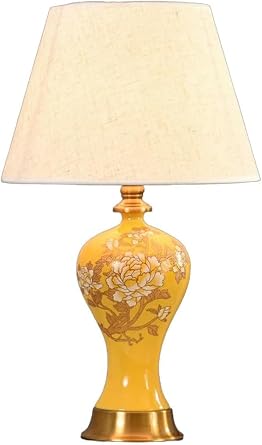 Yellow Ceramic Table Lamp Nightstand Bedside Lamp with Fabric Shade Porcelain Tall Skinny Table Lamp Vintage Large Oriental Hand-Painted Desk Lamp for Living Room Office College Bookcase