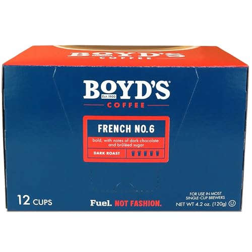 Boyd’s Coffee French No. 6 Dark Roast Single Serve Pods, 12 Count – Rich, Sweet & Smoky Arabica Coffee – Compatible with K-Cup Brewers