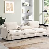 Merax 96' Sectional Sofa with Bluetooth Speaker & Cup Holders, 3 Seat Cloud Couch Set W/USB Charger & Drop Down Table, Small Chenille Couches Sofabed for Living Room Apartment, Storage Armrest, Beige