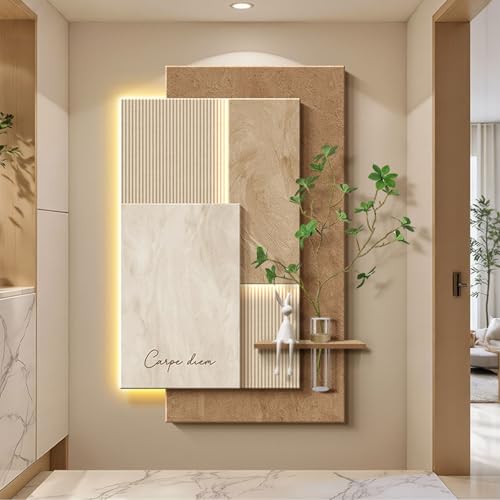 OECETCAWKD Cuadro 3D de Arenisca con LED, Moderna Esculturas de Pared con Jarrón Hidropónico y Plantas Artificiales, Decoracion pared Salon con Mando a Distancia(B,70 * 100cm/27.6 * 39.4in)