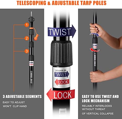CAMULAND Tarp Poles, Heavy Duty Trap Poles Set of 2, 34.5 - 110.2 Aluminum Tent Poles for Tarp Adjustable, Portable Replacement Telescoping Tarp Poles for Camping, Hammock and Awning-4 Section