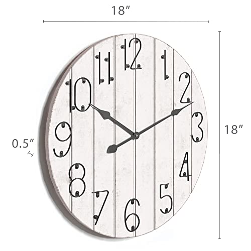 Barnyard Designs 18 Inch Round Wooden Decorative Wall Clock, Farmhouse Rustic Large Wall Clock For Living Room Decor, Kitchen Clock, Big Wall Clock Silent Wood Wall Clock Battery Operated, White #TOP2
