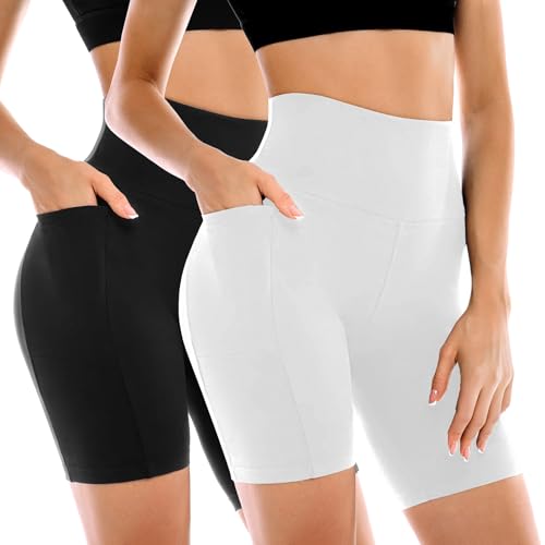 Image of Leafigure 2 Pack Womens Biker Shorts with Pockets 6 inch | High Waisted, Tummy Control, Running, Gym, Workout, Yoga Shorts