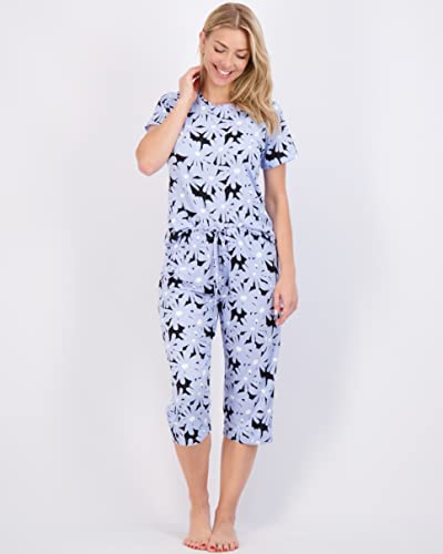 Real Essentials 2 Pack: Womens Pajamas Short Sleeve Sleepwear Tops and Capri Pants Pjs Print Pajama Sets (Available In Plus)2